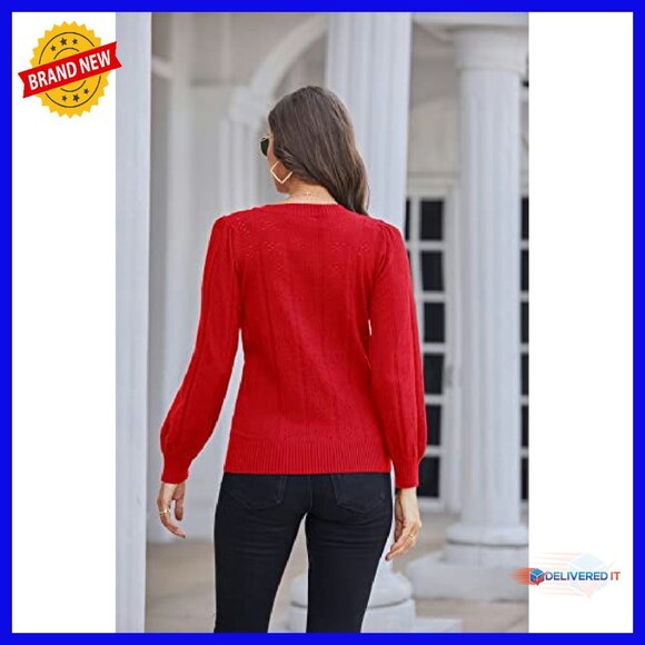 Long Lantern Sleeve Crochet Pullover Sweater Hollow Out Knit Top - Picture 6 of 8